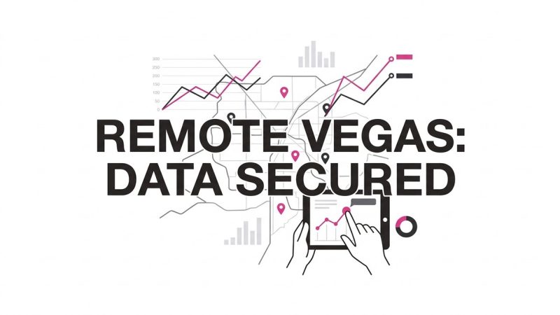 REMOTE VEGAS: DATA SECURED text over a map with graphs and hands using a tablet to view data.