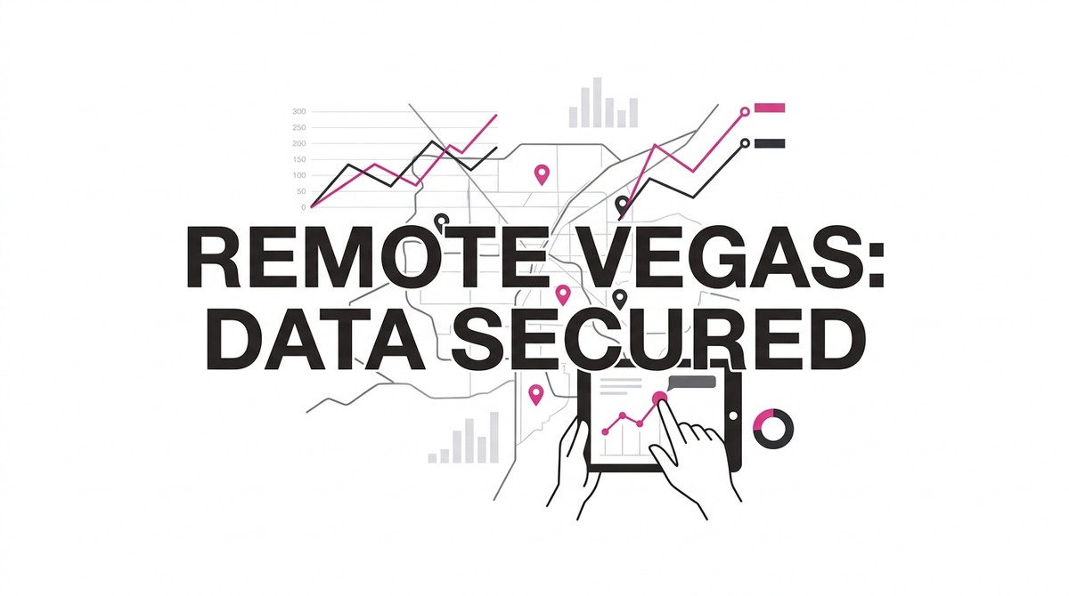 REMOTE VEGAS: DATA SECURED text over a map with graphs and hands using a tablet to view data.