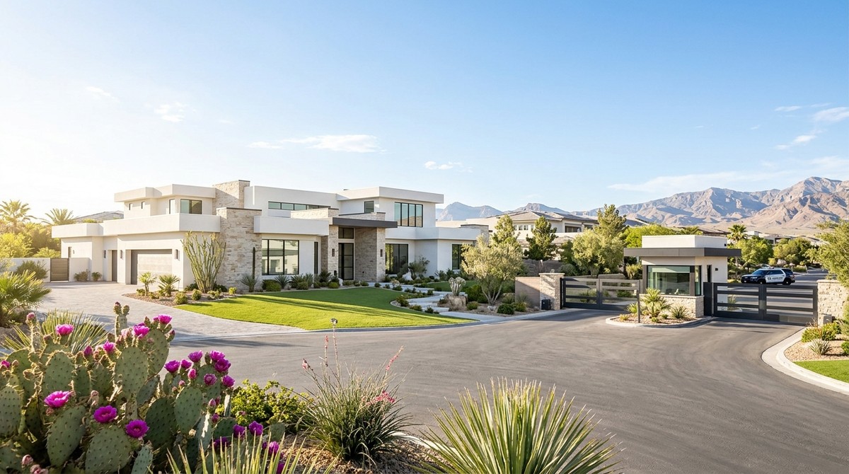 Modern home with desert landscaping, a guard gate, and a patrol car in a Las Vegas guard-gated community.