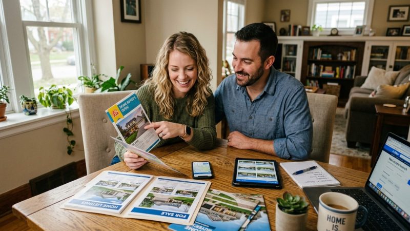 A smiling couple reviews a home buyer's guide and real estate listings on a wooden table.