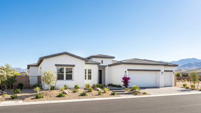 Modern white stucco home with a dark gray roof and desert landscaping, mountains in the background.