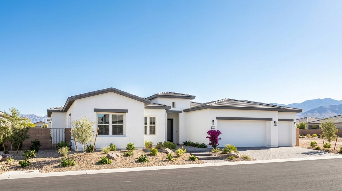 Modern white stucco home with a dark gray roof and desert landscaping, mountains in the background.