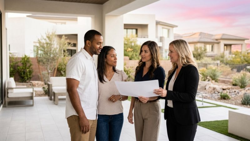 A couple discusses documents with two real estate agents on a modern patio with desert landscaping and homes.
