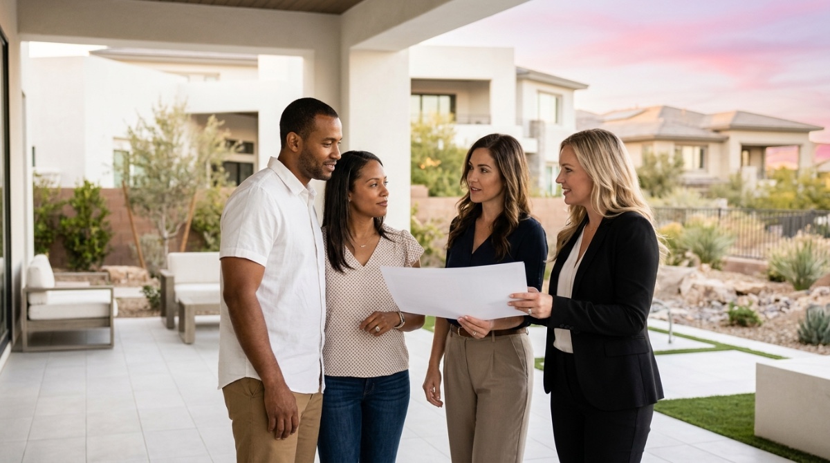 A couple discusses documents with two real estate agents on a modern patio with desert landscaping and homes.