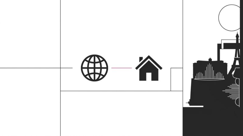 Globe icon connected to a house icon by a pink line, with a Las Vegas skyline silhouette.