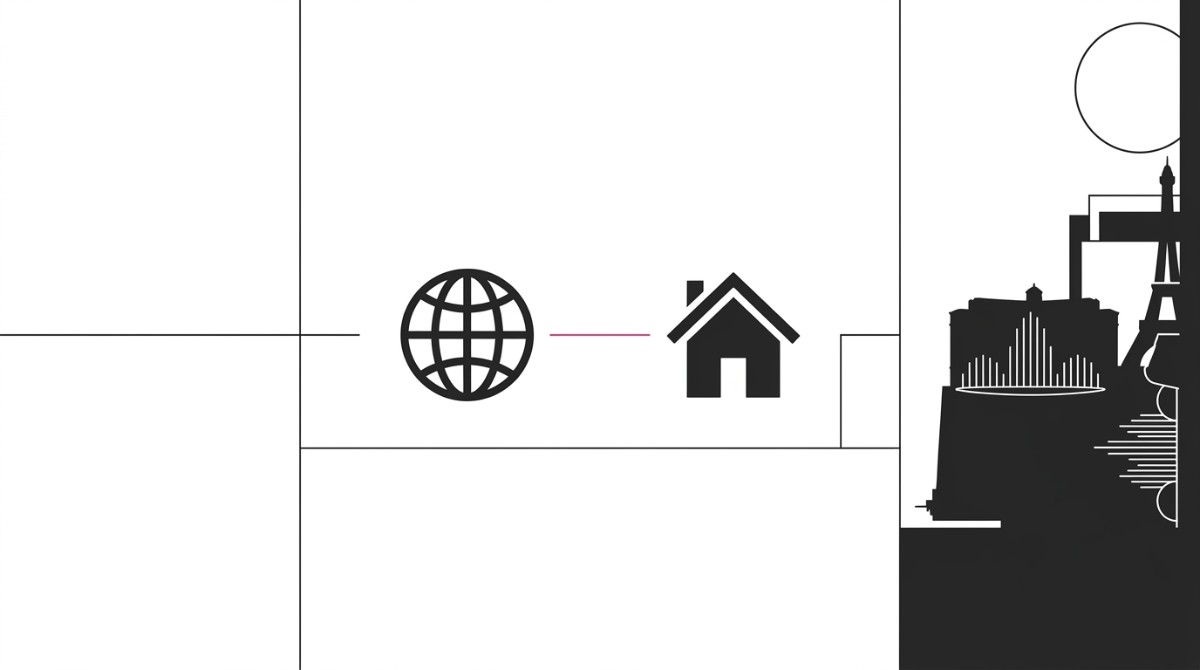 Globe icon connected to a house icon by a pink line, with a Las Vegas skyline silhouette.