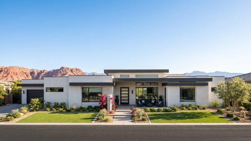 A modern white home with black accents, green lawn, desert landscaping, and red mountains in the background.