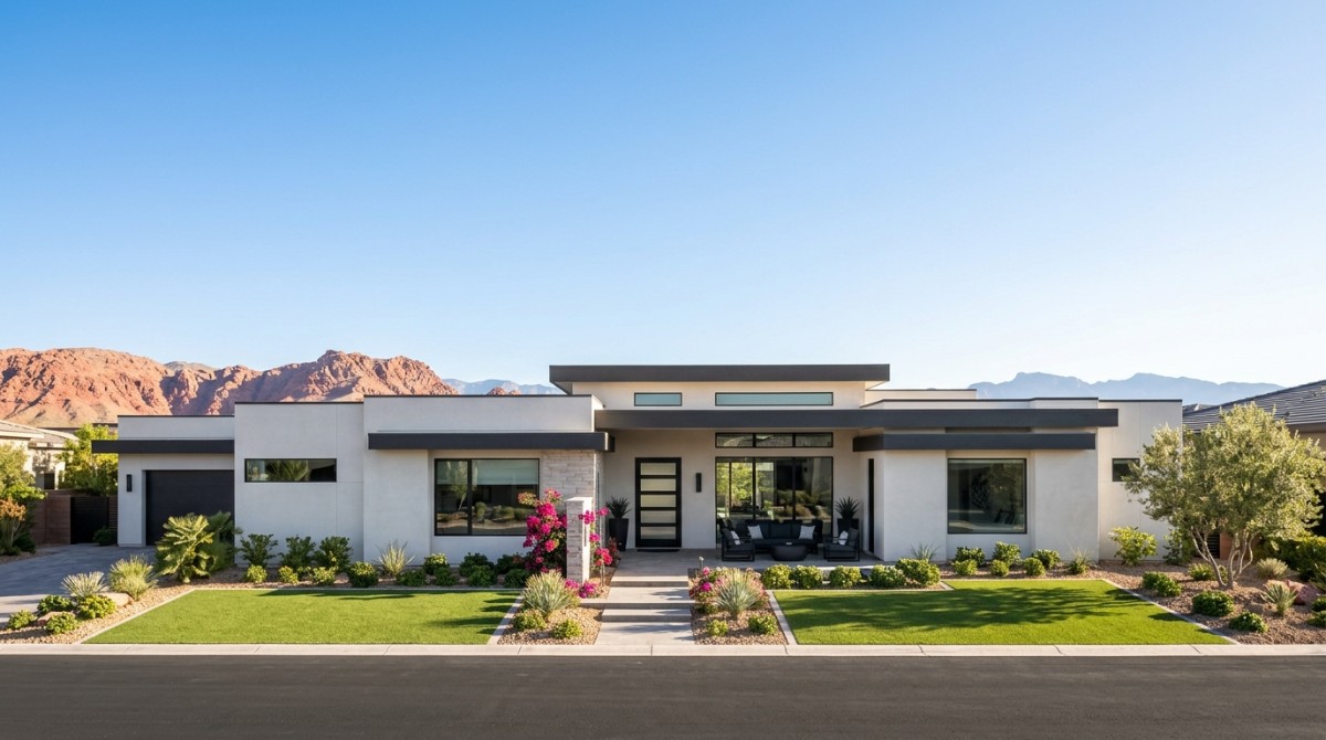 A modern white home with black accents, green lawn, desert landscaping, and red mountains in the background.