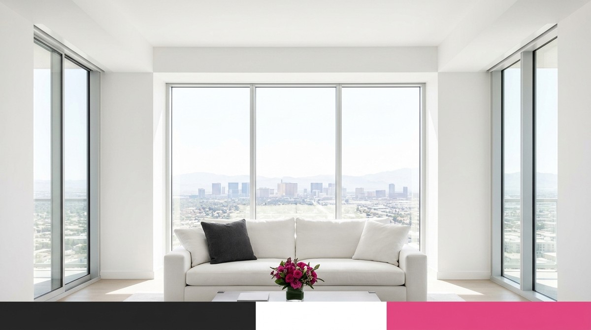 A modern white living room with a sofa facing large windows overlooking the Las Vegas skyline.