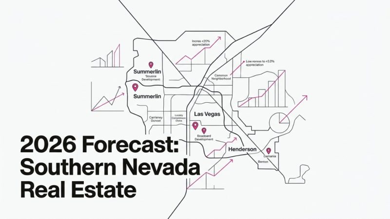 Outline map of Southern Nevada with Las Vegas and Henderson, showing housing forecast charts and pins.