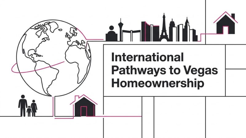 Outline of the globe, Las Vegas skyline, and homes connected by pink lines, with text "International Pathways to Vegas Homeow