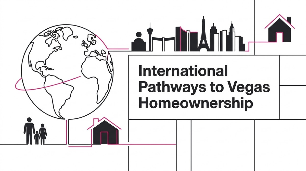 Outline of the globe, Las Vegas skyline, and homes connected by pink lines, with text "International Pathways to Vegas Homeow