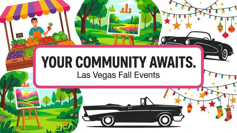 Illustrations of a farmer's market, outdoor painting, classic cars, and festive lights, representing Las Vegas community even