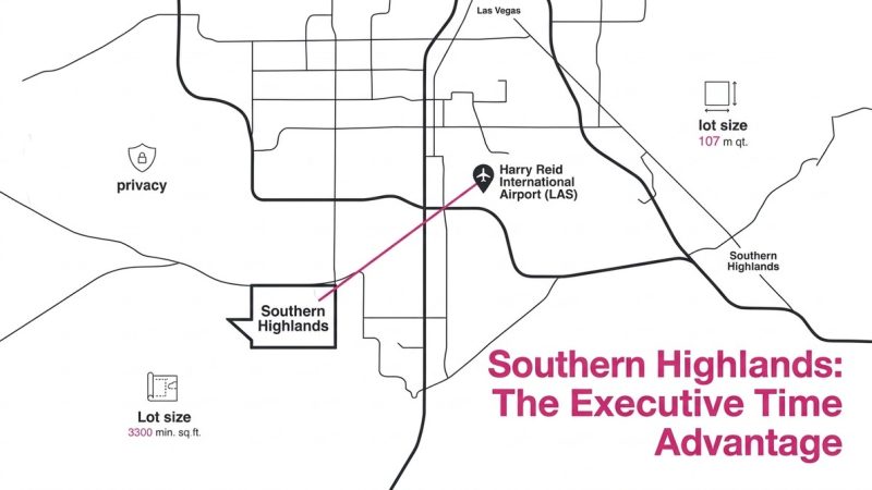 Map showing Southern Highlands Las Vegas connected to Harry Reid Airport by a pink line, with text about lot sizes.