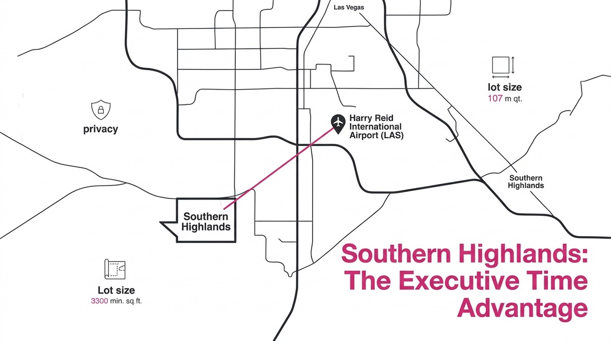 Map showing Southern Highlands Las Vegas connected to Harry Reid Airport by a pink line, with text about lot sizes.