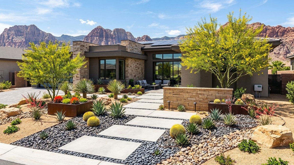 Modern desert landscaping with a house, concrete path, cacti, and flowering trees under mountains.