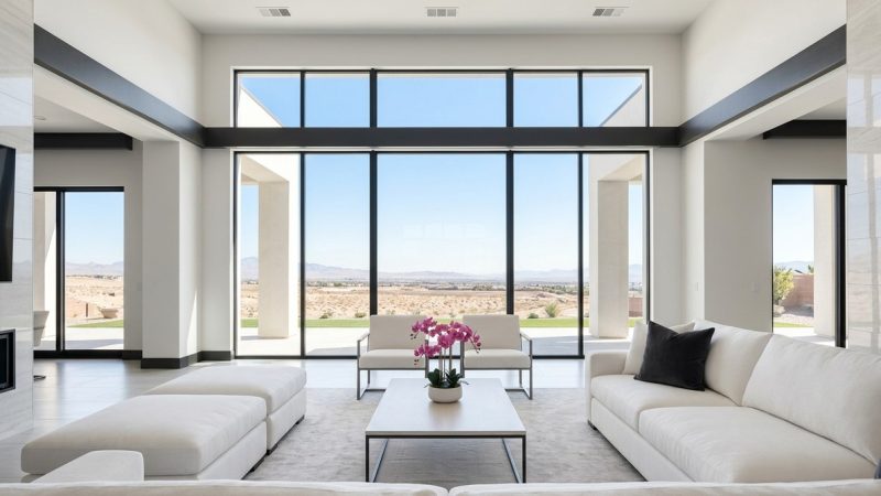 A modern living room with white sofas, a coffee table with pink flowers, and a desert view through large windows.