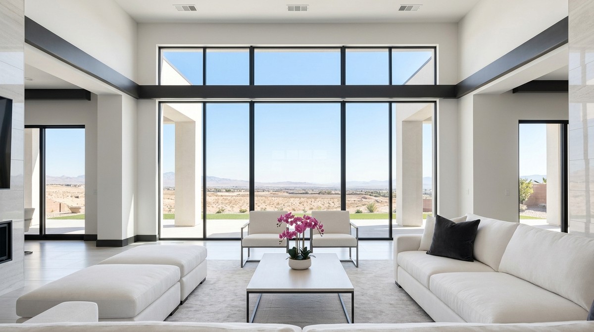A modern living room with white sofas, a coffee table with pink flowers, and a desert view through large windows.