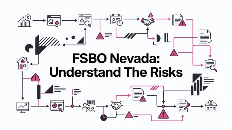 A flowchart with icons and arrows showing the process of selling a house, with risks highlighted by warning triangles.