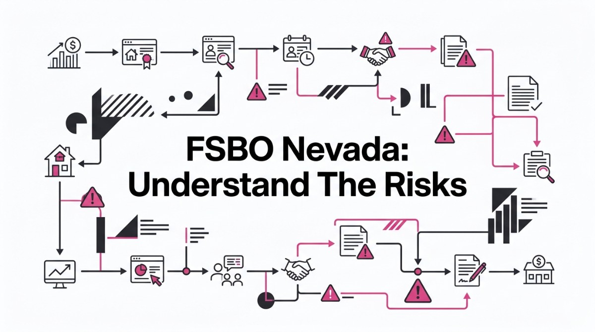 A flowchart with icons and arrows showing the process of selling a house, with risks highlighted by warning triangles.