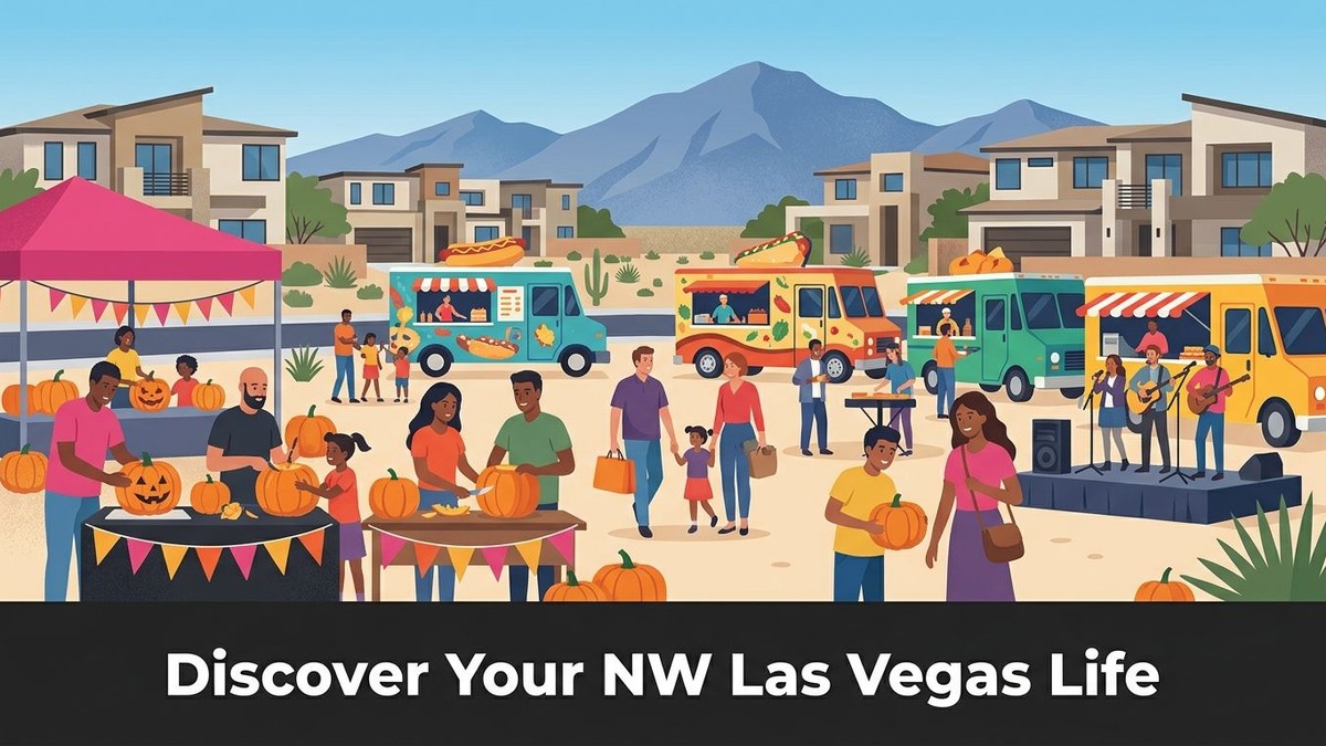 People carving pumpkins, enjoying food trucks, and a band playing at a community event in Northwest Las Vegas.