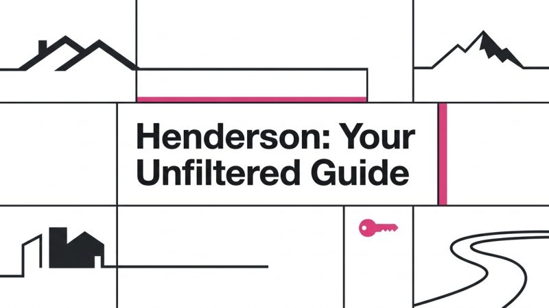 Grid of black line art icons: houses, mountains, a key, and a road, with text "Henderson: Your Unfiltered Guide.