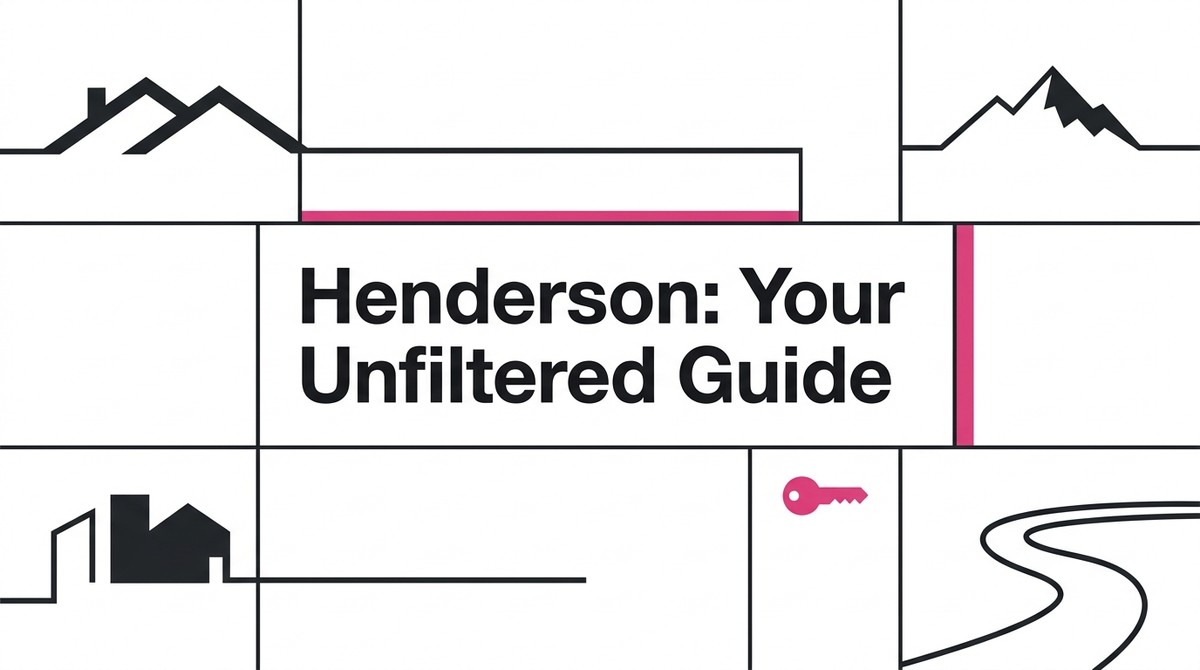 Grid of black line art icons: houses, mountains, a key, and a road, with text "Henderson: Your Unfiltered Guide.