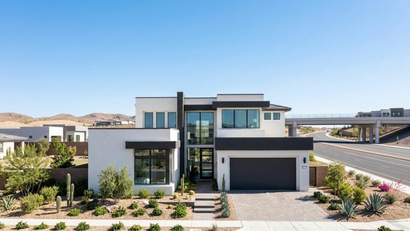 Modern white and black Henderson real estate developments house with desert landscaping, road, and overpass.