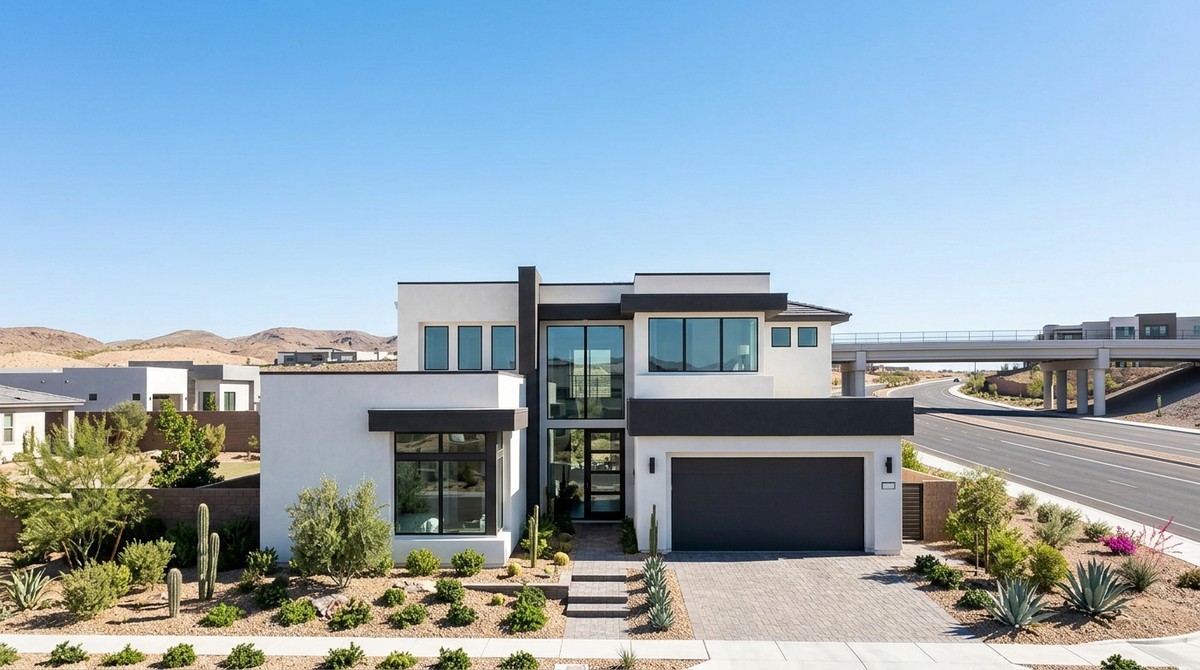 Modern white and black Henderson real estate developments house with desert landscaping, road, and overpass.