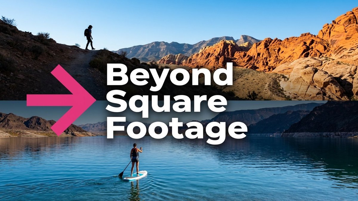 Hiker on a desert trail above a lake with a stand-up paddleboarder. Mountains and clear sky.