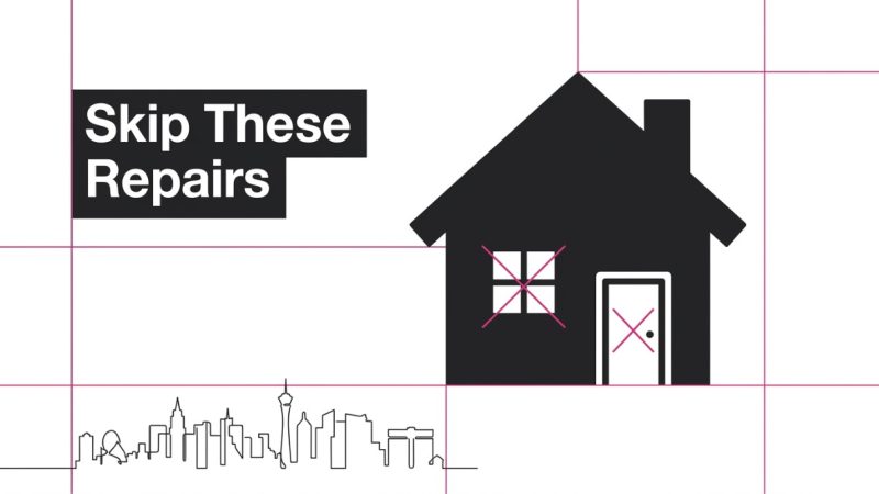 Black house icon with red X's on window and door, "Skip These Repairs" text, and Las Vegas skyline.
