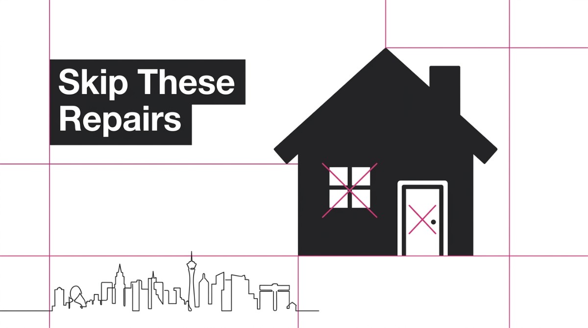 Black house icon with red X's on window and door, "Skip These Repairs" text, and Las Vegas skyline.