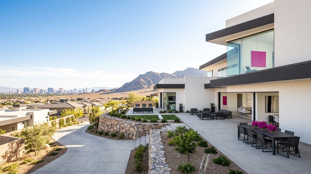 Modern luxury home with patio, desert landscaping, mountains, and the Las Vegas skyline in the distance.