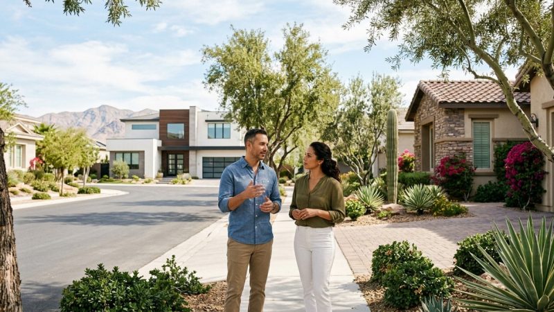 A man and woman talk on a sidewalk in a Las Vegas neighborhood with modern homes and desert landscaping.