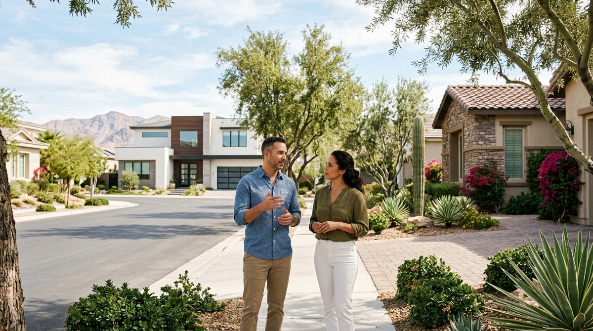 A man and woman talk on a sidewalk in a Las Vegas neighborhood with modern homes and desert landscaping.