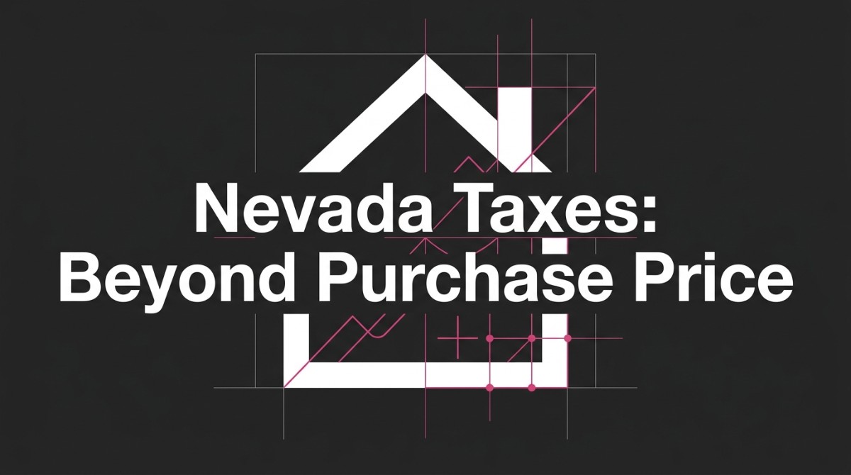 White text "Nevada Taxes: Beyond Purchase Price" over a dark background with a house outline.
