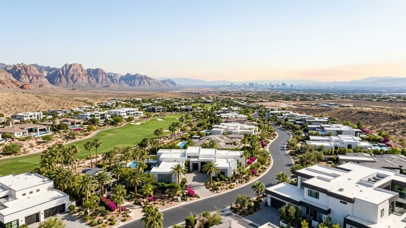 Aerial view of luxury homes, golf course, and palm trees in Las Vegas guard-gated communities, with mountains and city skylin