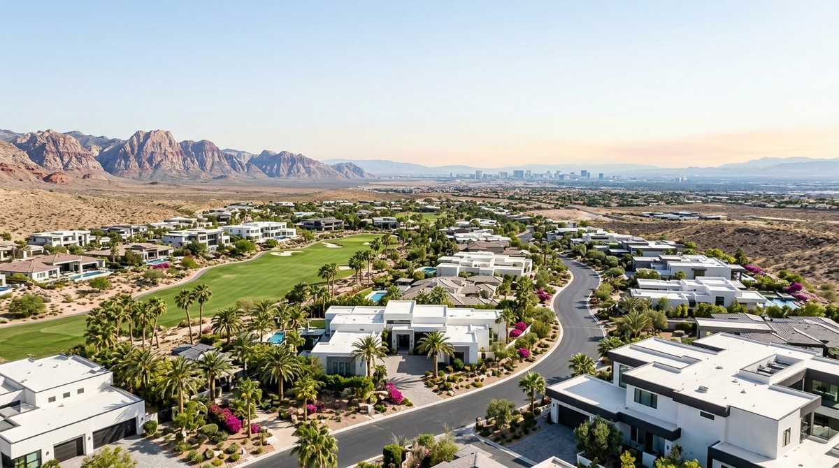 Aerial view of luxury homes, golf course, and palm trees in Las Vegas guard-gated communities, with mountains and city skylin