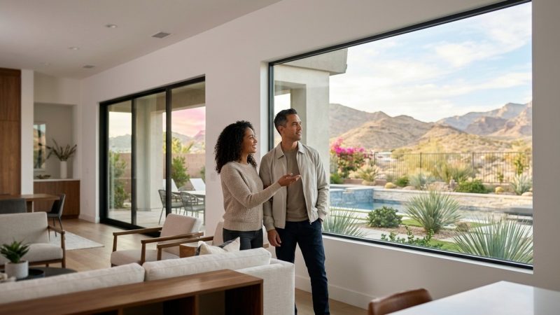 A couple in a modern home looks out a large window at a desert landscape with mountains and a pool.