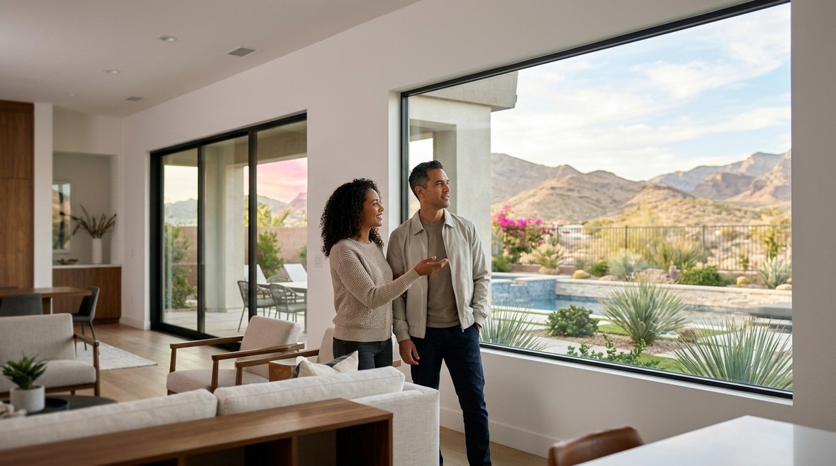 A couple in a modern home looks out a large window at a desert landscape with mountains and a pool.