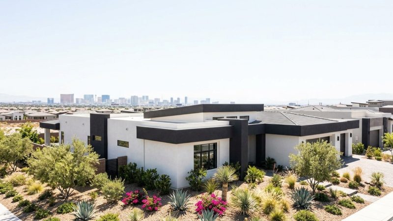 Modern white and dark gray homes in a desert landscape with the Las Vegas skyline in the distance.