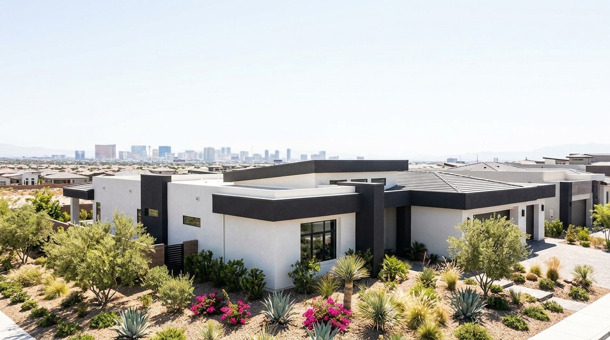 Modern white and dark gray homes in a desert landscape with the Las Vegas skyline in the distance.