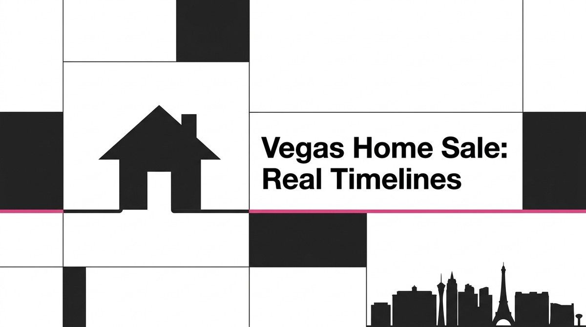 Black and white graphic with a house icon, "Vegas Home Sale: Real Timelines" text, and Las Vegas skyline.