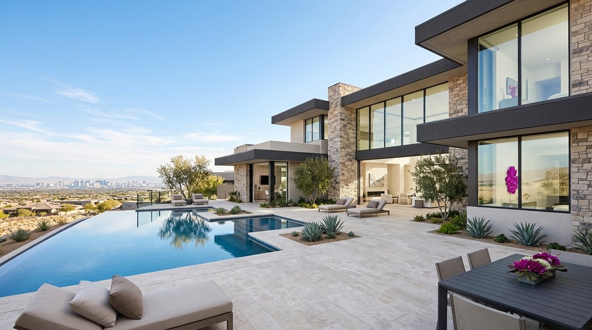 Modern luxury real estate with an infinity pool overlooking a city skyline, desert landscape, and blue sky.