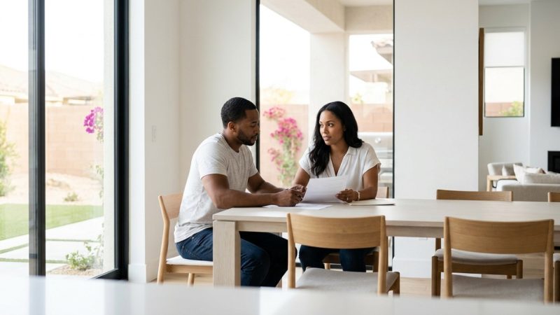 A couple sits at a dining table, reviewing documents. The woman holds papers, discussing with the man.