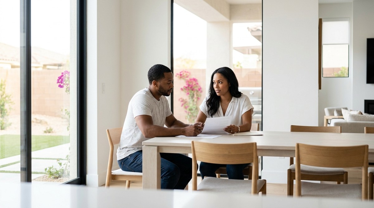 A couple sits at a dining table, reviewing documents. The woman holds papers, discussing with the man.