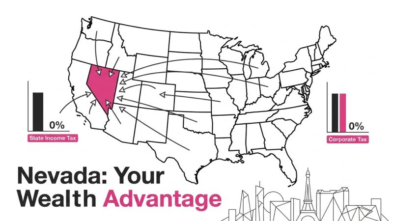 US map with Nevada highlighted in pink, showing arrows pointing to it from other states. Bar graphs indicate 0% state income