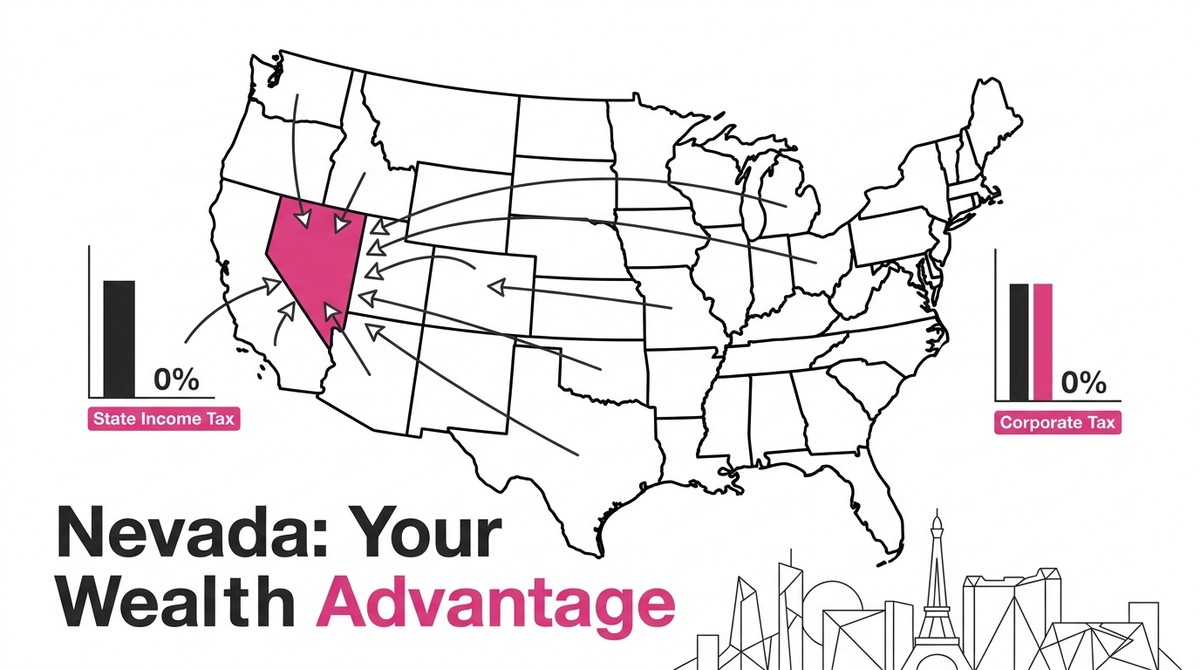 US map with Nevada highlighted in pink, showing arrows pointing to it from other states. Bar graphs indicate 0% state income