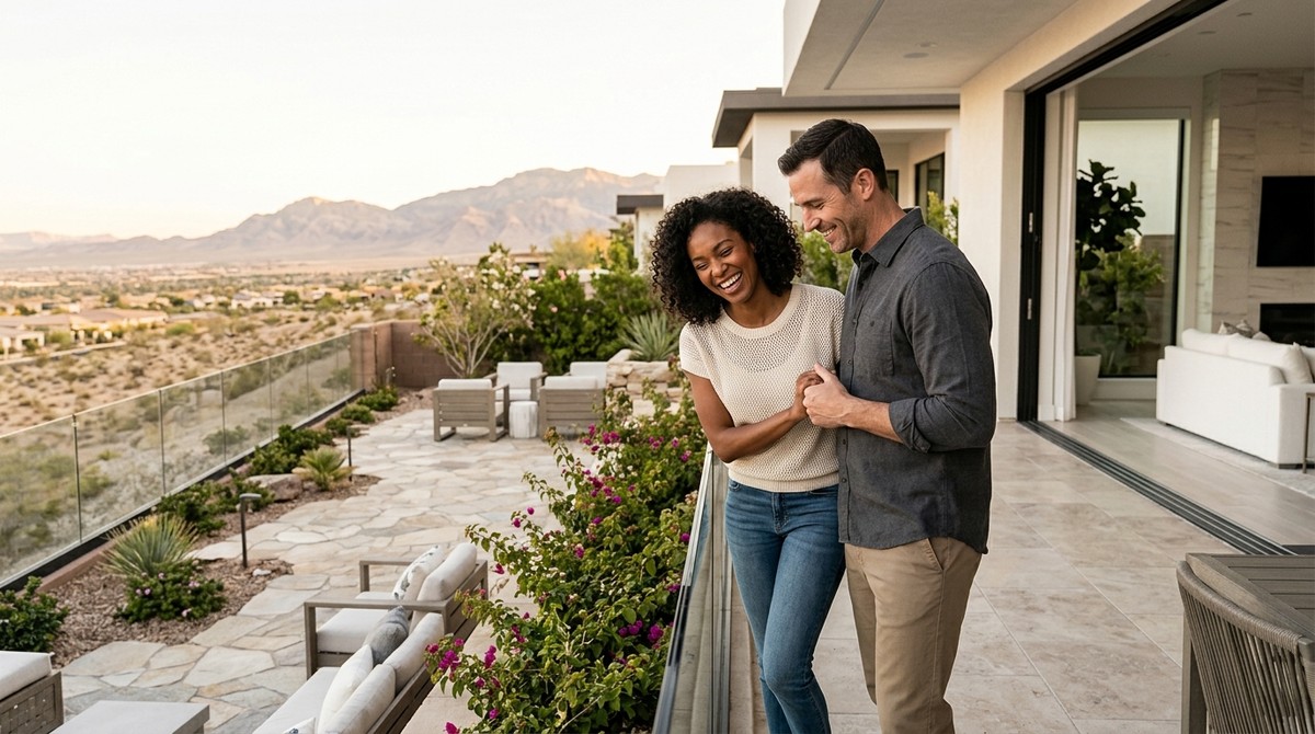 A laughing couple holding hands on a luxury home's patio overlooking a desert landscape and mountains.
