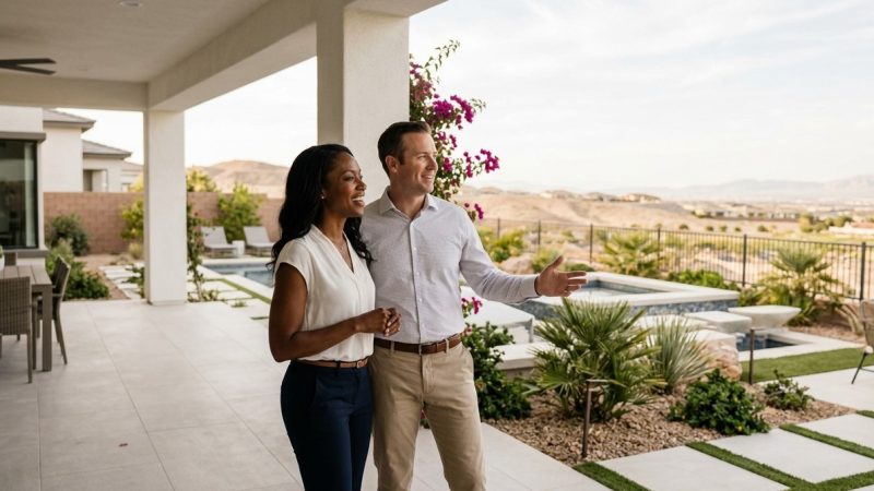 Smiling man and woman on a patio overlooking a pool, desert landscape, and distant Las Vegas homes.